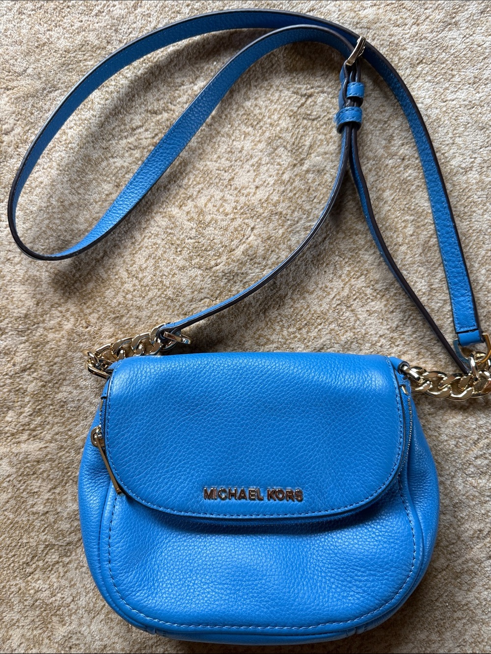 Michael Kors Electric Blue Pebbled Leather Crossbody with Gold Chain